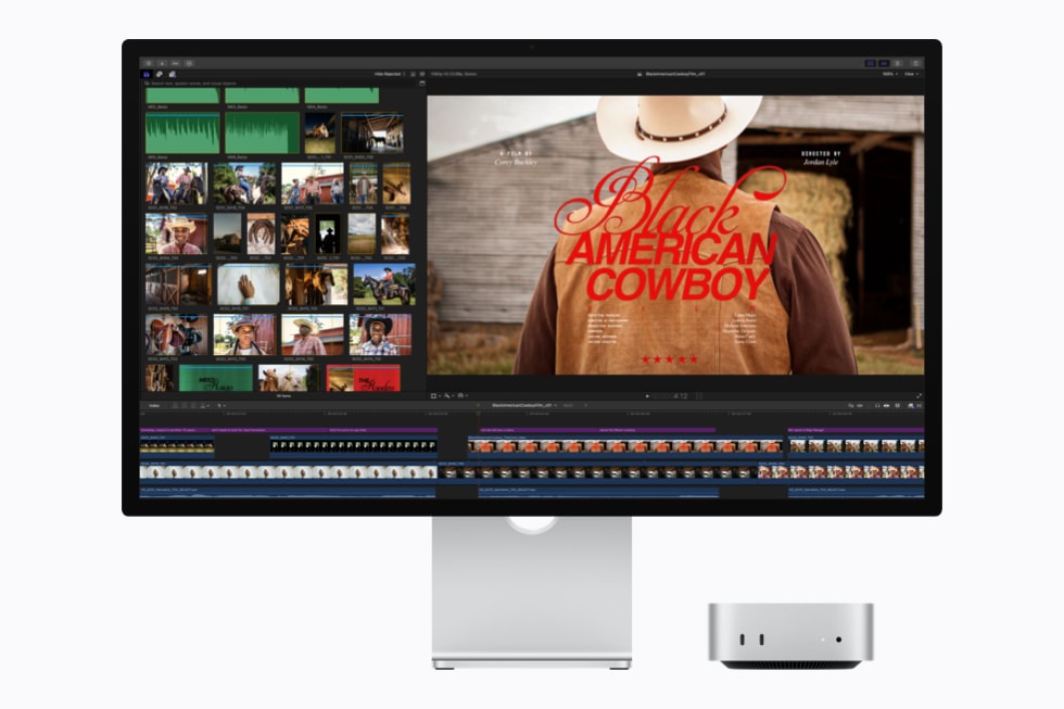 En Mac mini med M6 vises med Final Cut Pro på skærmen.