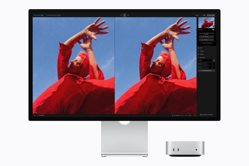 Mac mini med M5 Pro vises med en person i rødt tøj i et billedredigeringsprogram på skærmen.