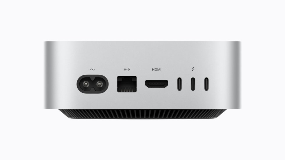 Bagsiden af Mac mini vises med Thunderbolt 5-porte, HDMI og Ethernet.
