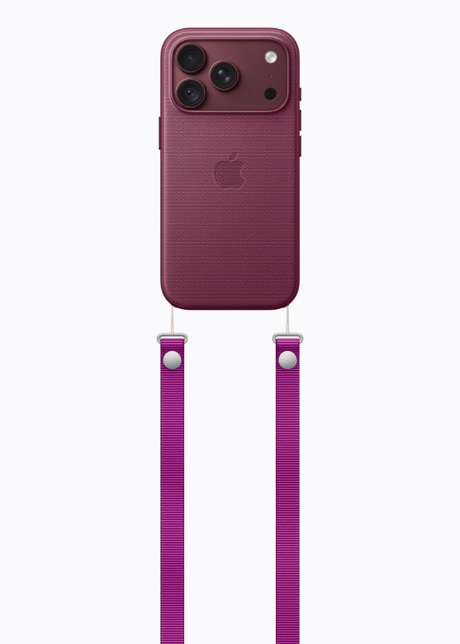 Một chiếc iPhone 18 Pro màu đỏ burgundy với ốp lưng cùng tông màu được ghép đôi với Dây Đeo Chéo màu đỏ tía.