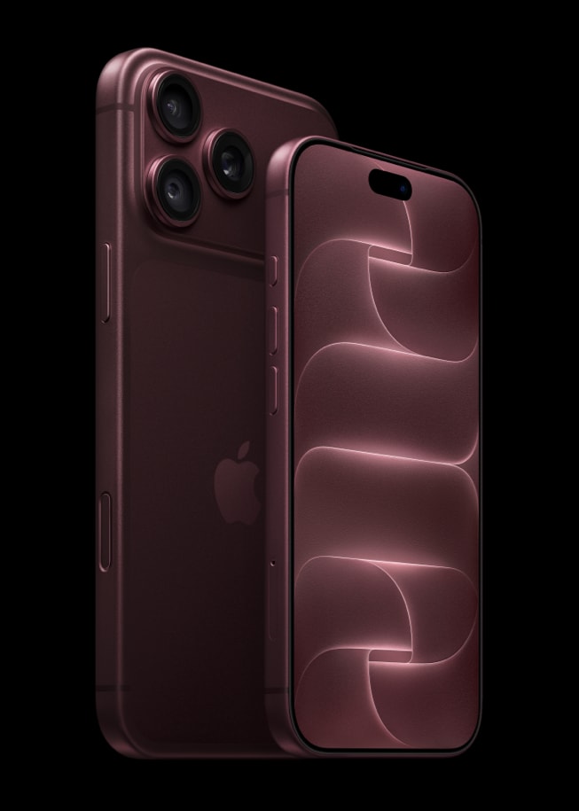 Mặt trước của iPhone 18 Pro màu đỏ burgundy được đặt cạnh mặt sau của iPhone 18 Pro Max màu đỏ burgundy.