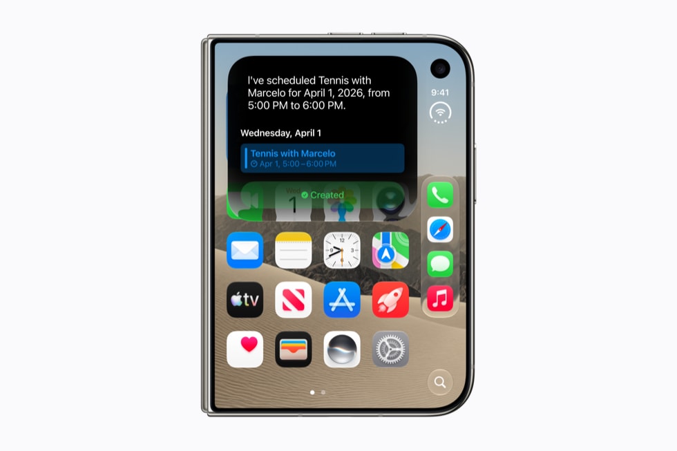 Siri AIがiPhone Duoユーザーのアプリを活用して、カレンダーでテニスの試合のイベントを作成している
