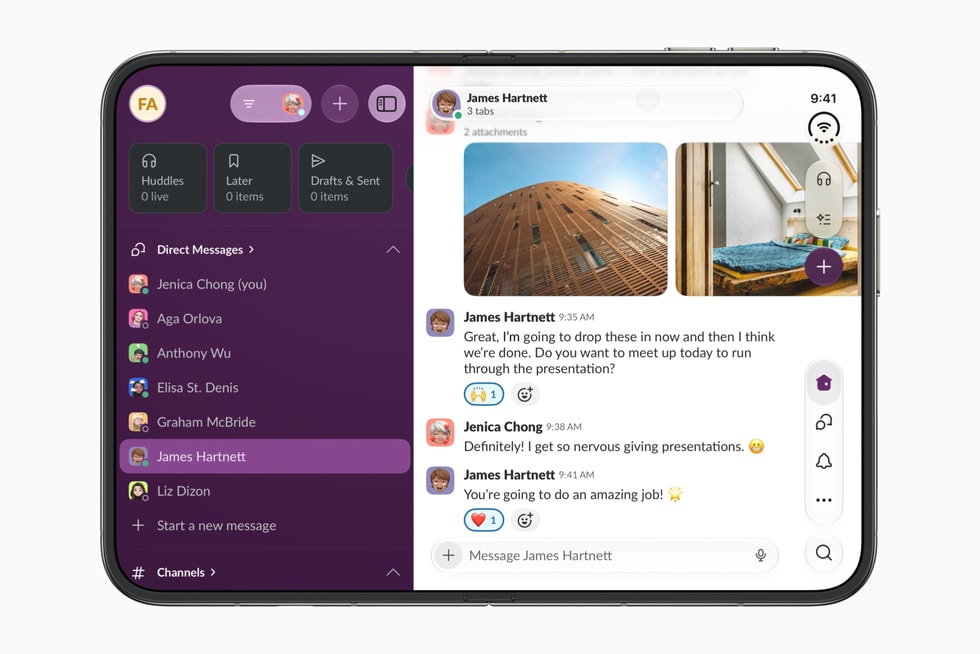 Giao diện ứng dụng Slack hiển thị trên iPhone Duo.