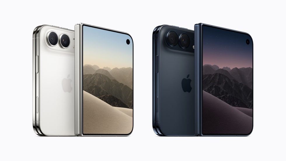 Hình ảnh bốn thiết bị iPhone Duo màu trắng ánh sao và trời đêm, hướng về trước và quay lưng lại.