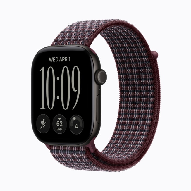 Apple Watch Series 12 in black aluminium with a burgundy plaid Sport Loop band.