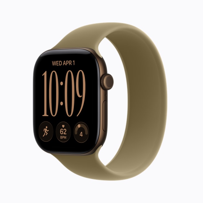 Apple Watch Series 12 in dark bronze aluminium with an olive Sport Band.