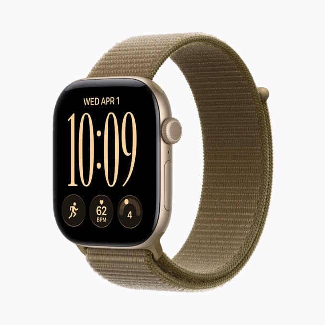 Apple Watch Series 12 in light gold aluminium with an olive Sport Loop band.