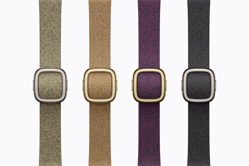 Four Modern Buckle bands are shown in various colours with both gold and silver hardware in the new woven material.