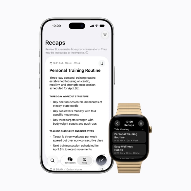 Apple Watch Series 12 and iPhone 18 Pro show the Siri Recap feature with an outline of a personal training routine.