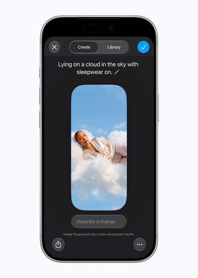 一位用户使用「影像樂園」，並輸入提示詞「Lying on a cloud in the sky with sleepwear on.」(身穿睡衣躺在天空的雲朵上)。