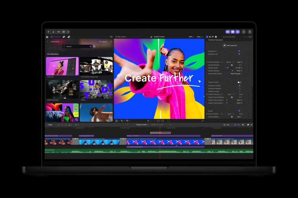 Un MacBook Pro con una schermata di MotionVFX in Final Cut Pro.