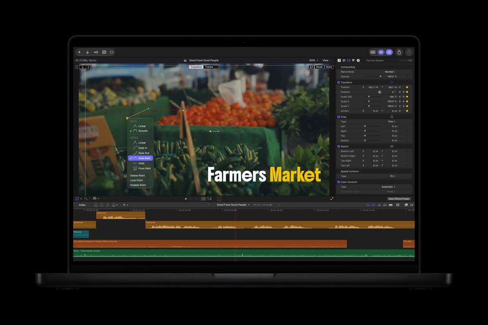 Un MacBook Pro con una schermata di Final Cut Pro che mostra l’easing dei fotogrammi chiave.