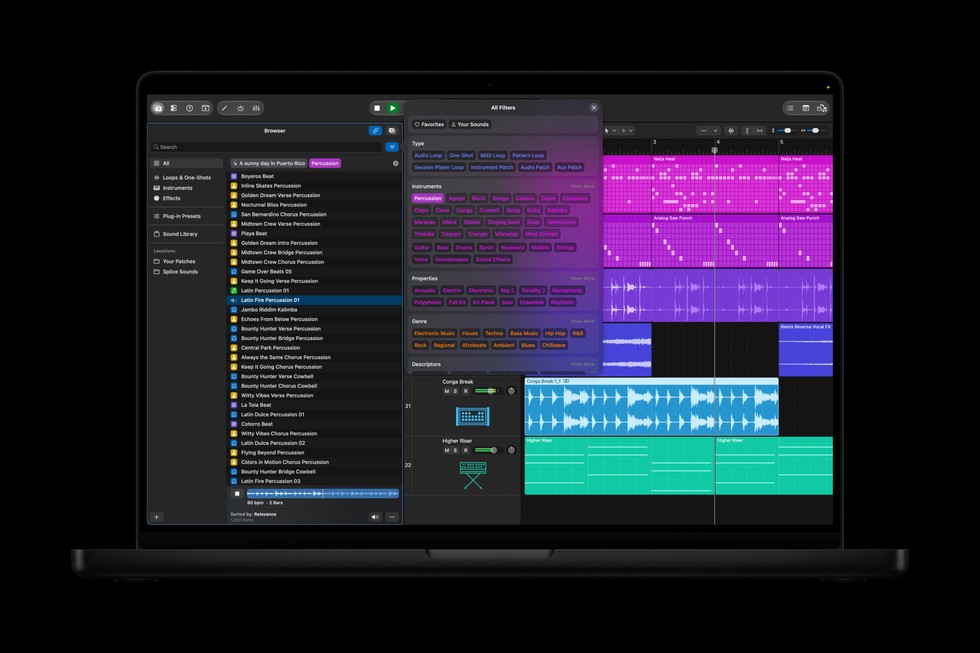 Un MacBook Pro con una schermata di Logic Pro e il nuovo Browser.