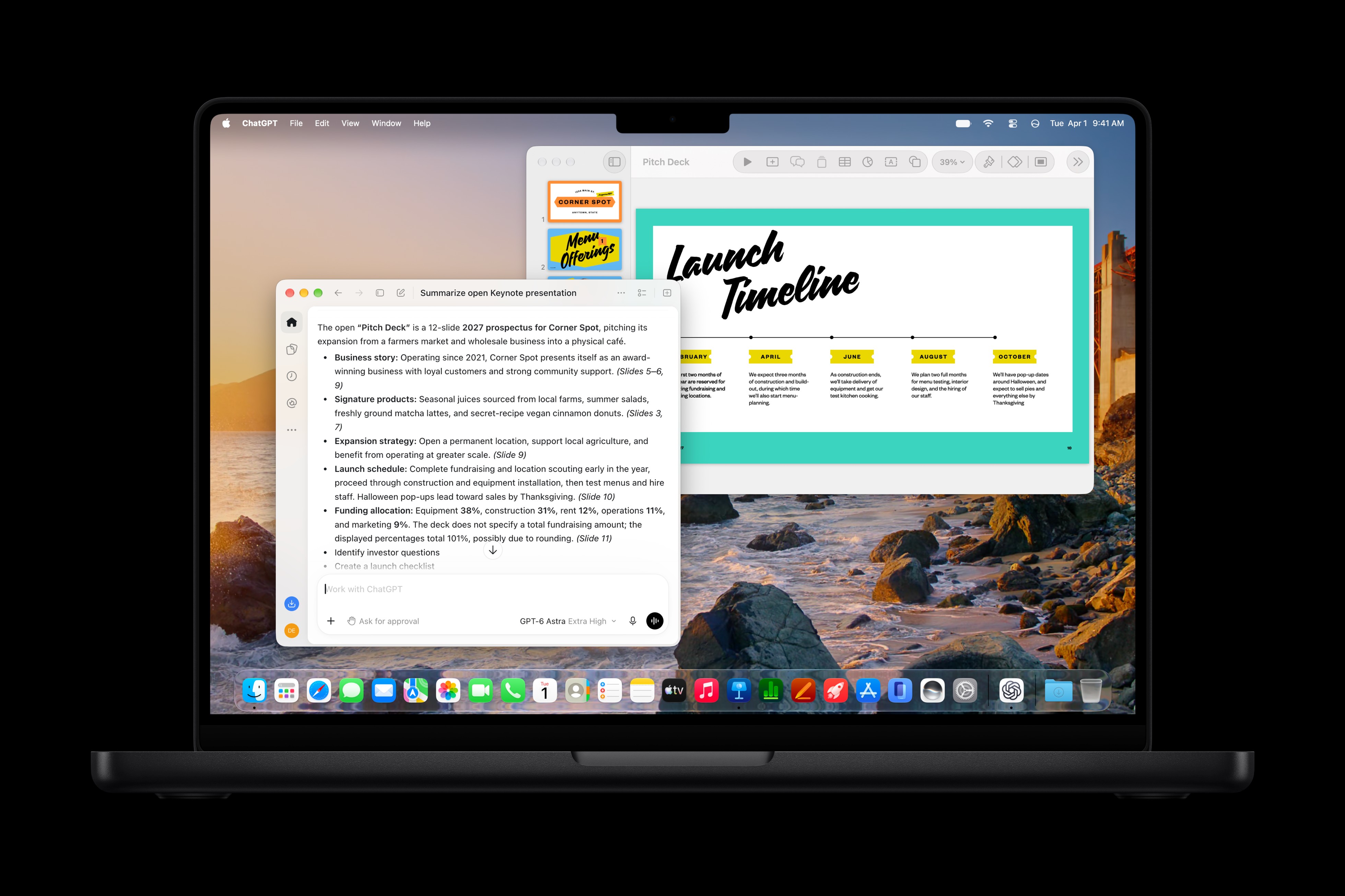 Un MacBook Pro con una presentazione in Keynote e il riepilogo del documento generato dall’AI.