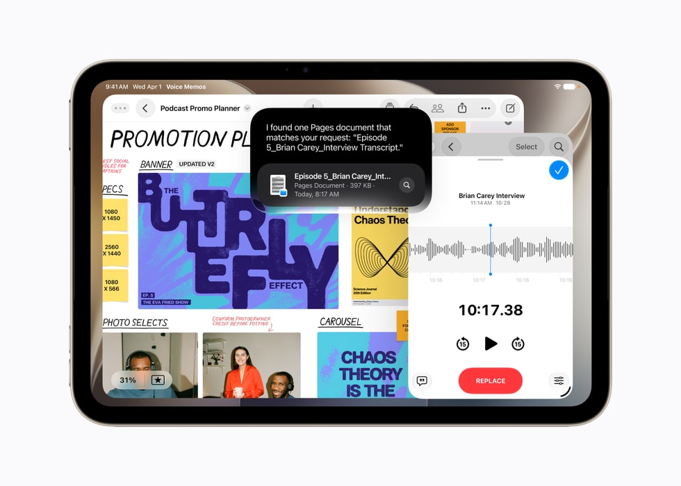 iPad mini mostrando várias janelas abertas, incluindo os resultados de uma solicitação para localizar um documento do Pages.