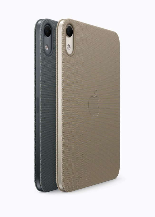 Two iPad mini devices, one in a navy blue Smart Folio and the other in a taupe Smart Folio.