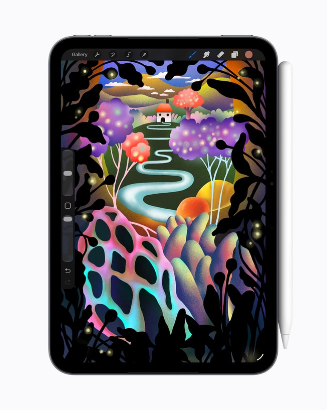 iPad mini, displaying a Procreate screen, with Apple Pencil Pro.