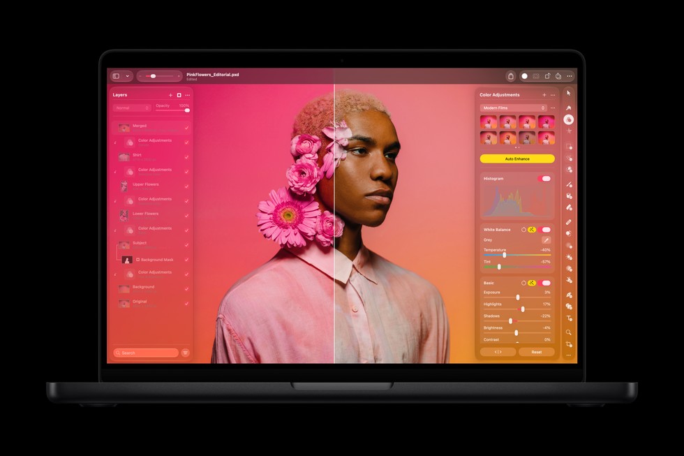 An image is edited in the Pixelmator Pro app on the 14-inch MacBook Pro with M6.