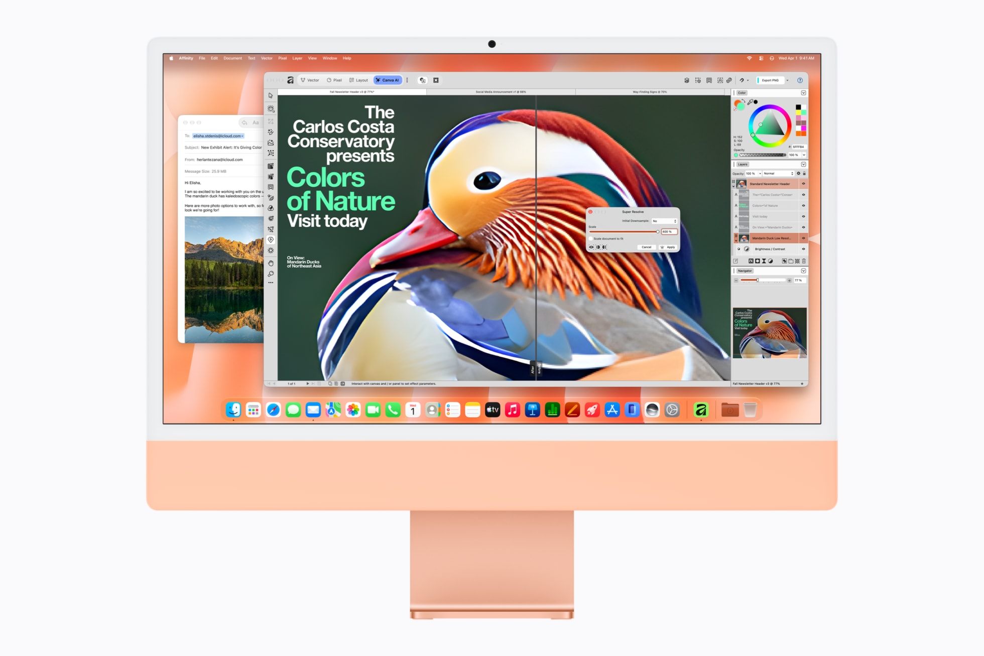 M6 çipe sahip turuncu iMac’te Mail uygulamasının yanında Affinity’de bir görsel gösteriliyor.