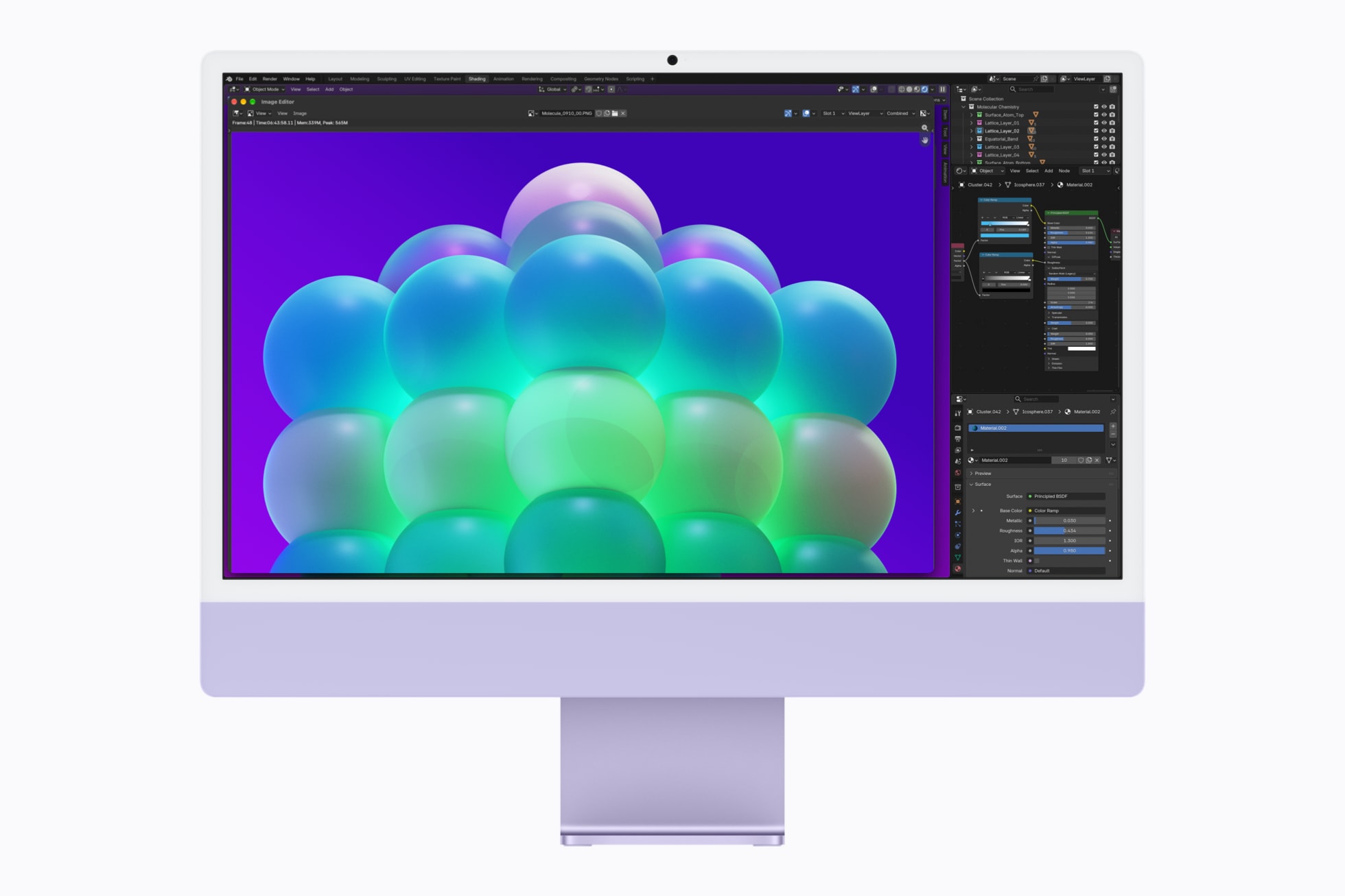 M6 çipe sahip mor bir iMac’te Blender’daki bir proje gösteriliyor.