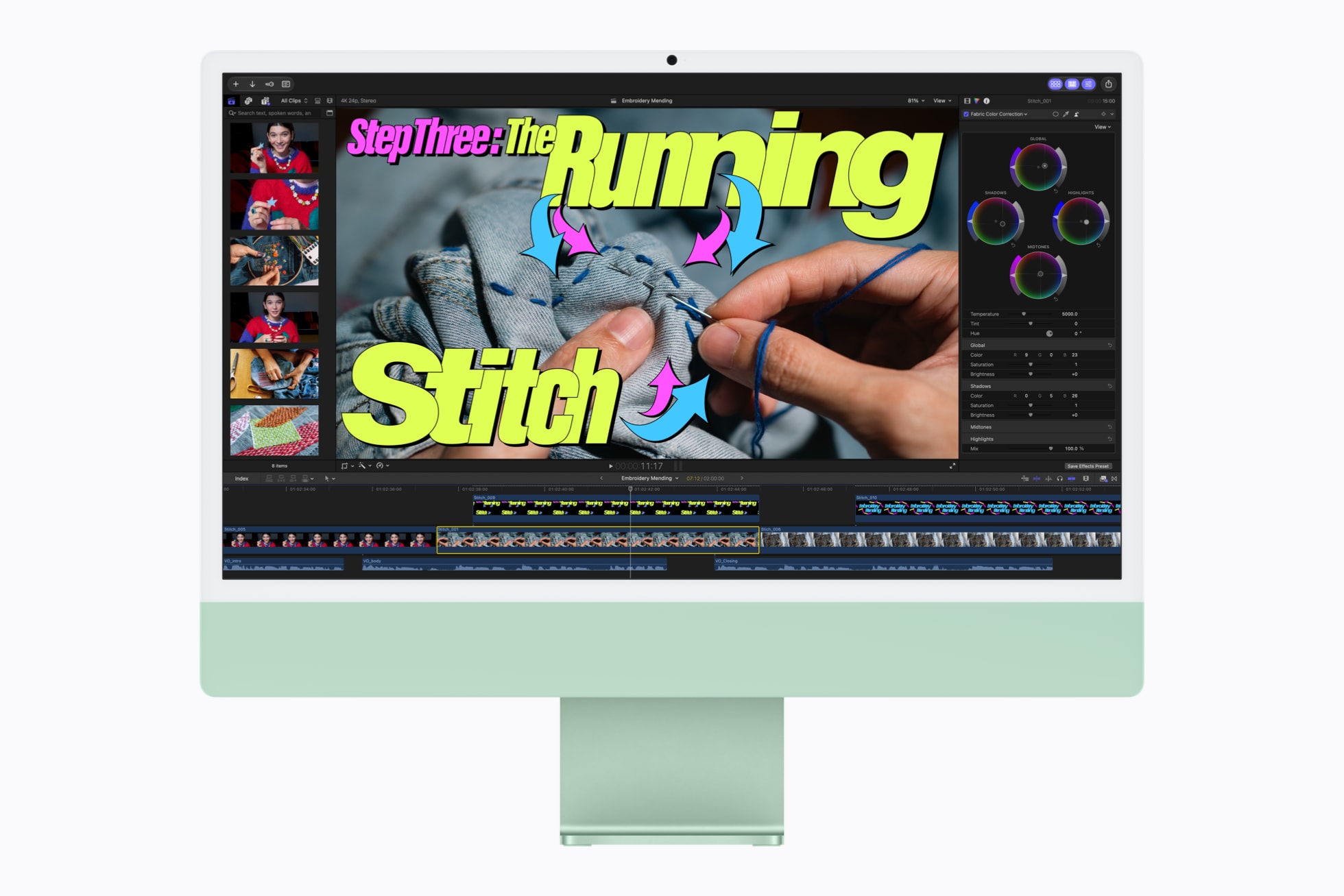 M6 çipe sahip yeşil iMac ekranında bir Final Cut Pro projesi gösteriliyor.
