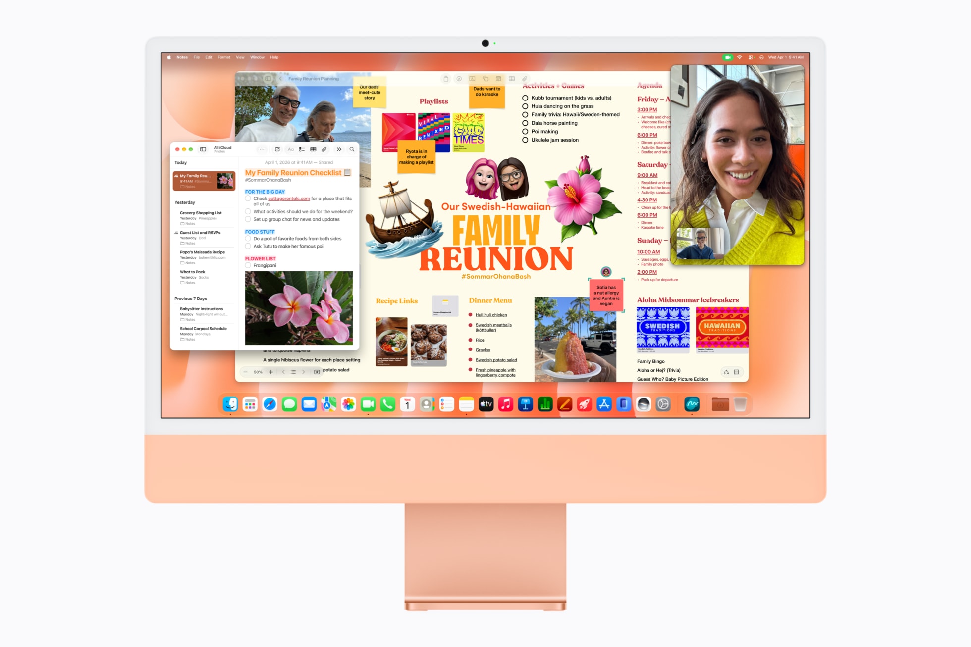 M6 çipe sahip turuncu iMac’te, Notlar ve FaceTime uygulamalarının yanı sıra Freeform uygulamasında bir aile buluşması için yapılan planlar gösteriliyor.