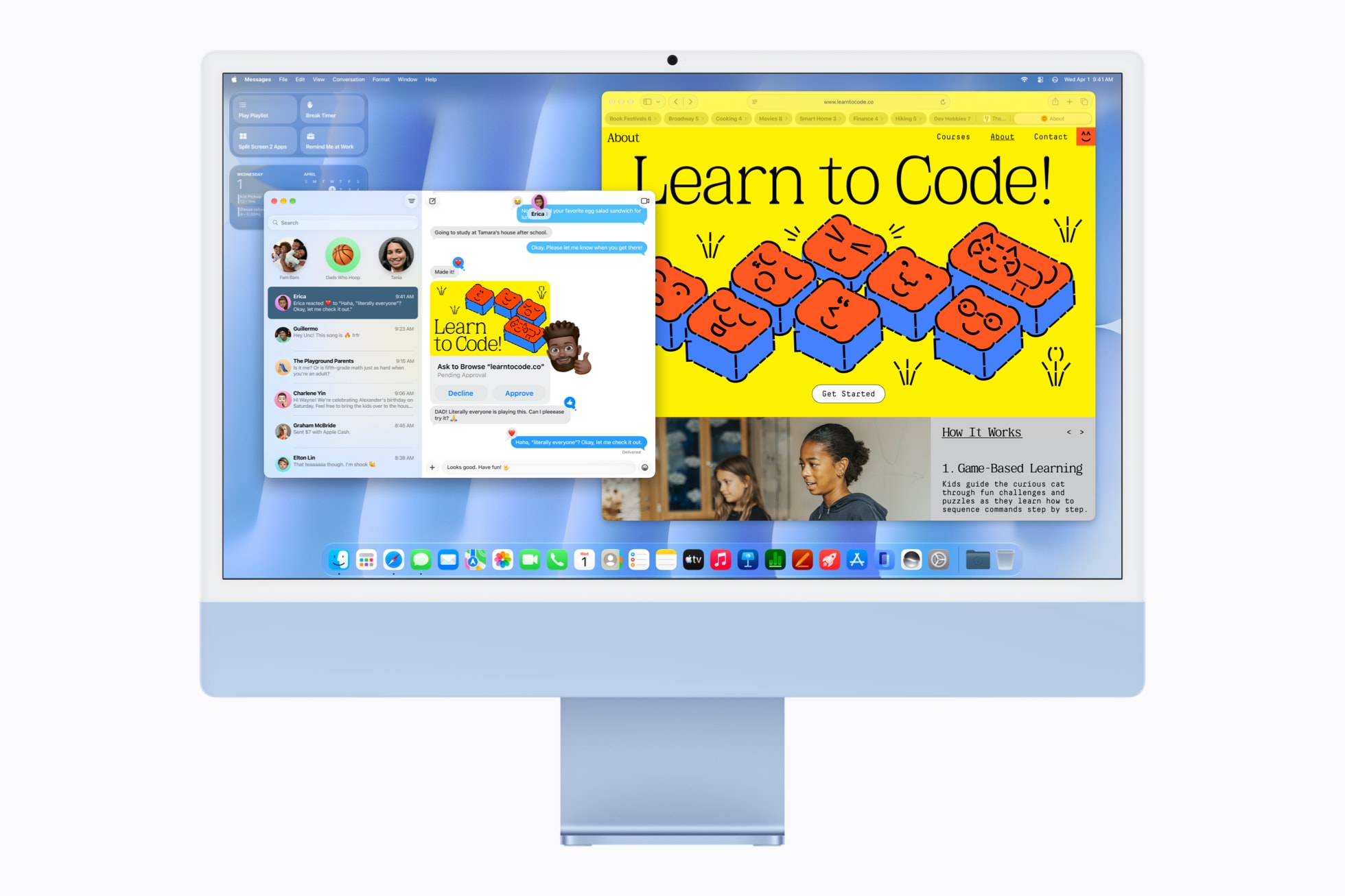 M6 çipe sahip mavi iMac’in ekranında Mesajlar uygulaması ve yanında Safari penceresi gösteriliyor.