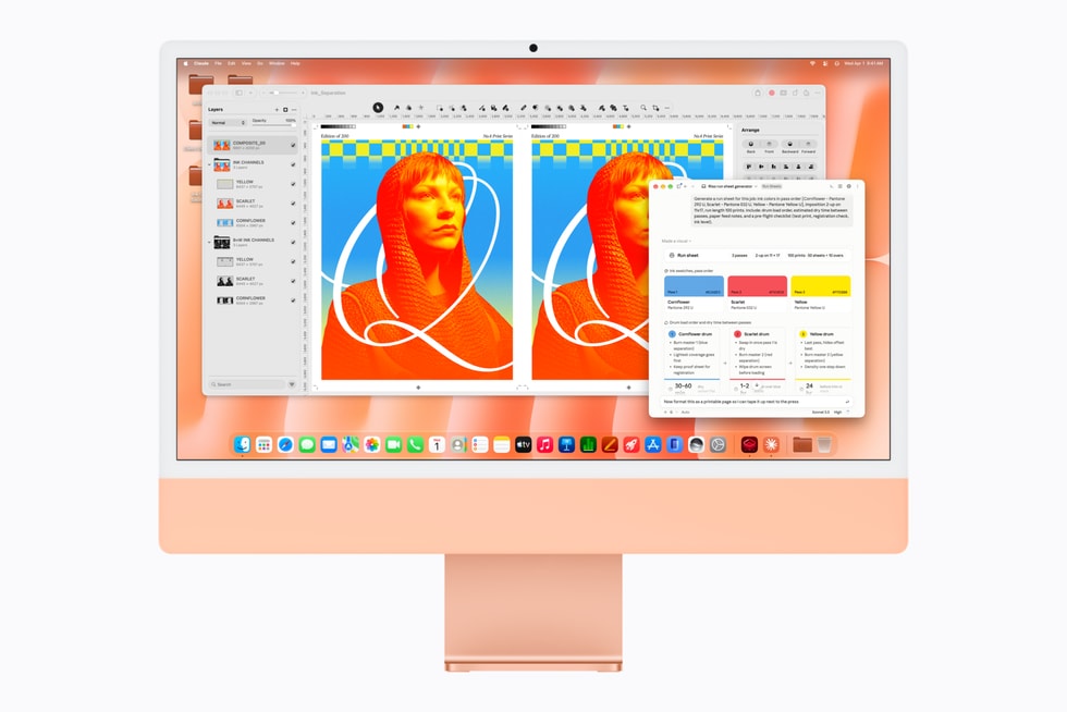 M6 çipe sahip turuncu iMac’te Pixelmator Pro ve Claude uygulamaları gösteriliyor.