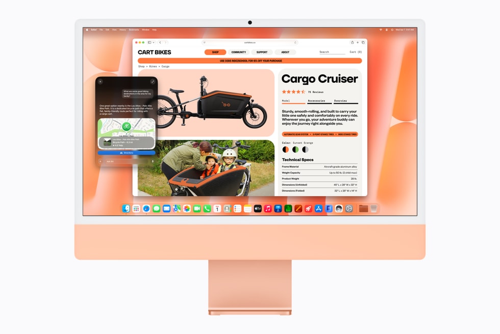 O iMac com M6 na cor laranja exibe uma página de produto no Safari, na qual uma pessoa usou a Siri AI para fazer uma pergunta.