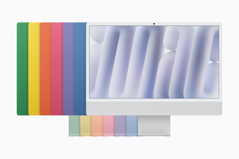 M6 çipli iMac yeşil, sarı, turuncu, pembe, mor, mavi ve gümüş renk seçenekleriyle.