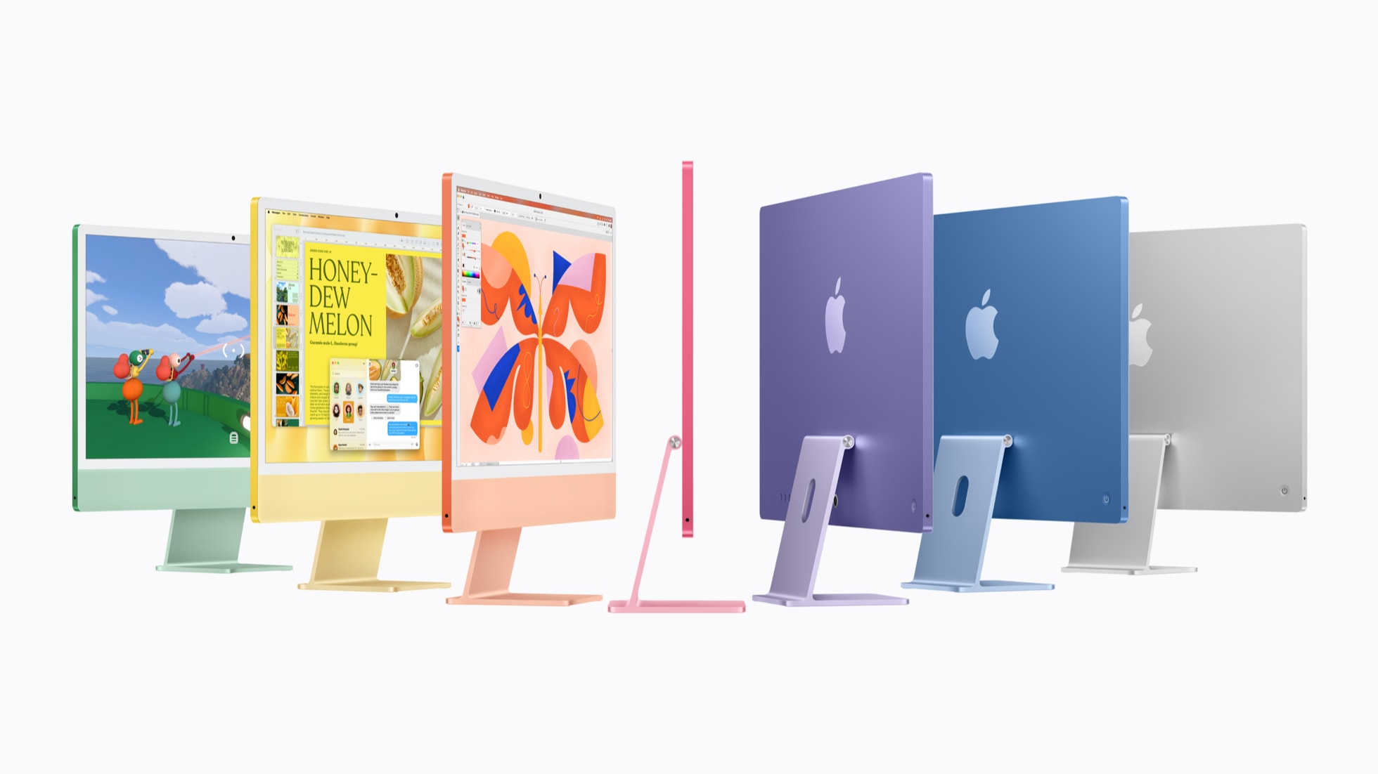 M6 çipli iMac’in yeşil, sarı, turuncu, pembe, mor, mavi ve gümüş renk seçenekleri gösteriliyor.