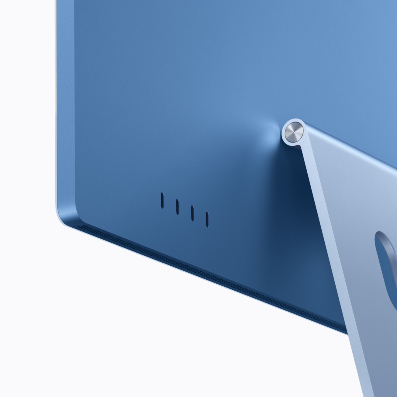 M6 çipli mavi iMac’te dört adet Thunderbolt 4 bağlantı noktası gösteriliyor.