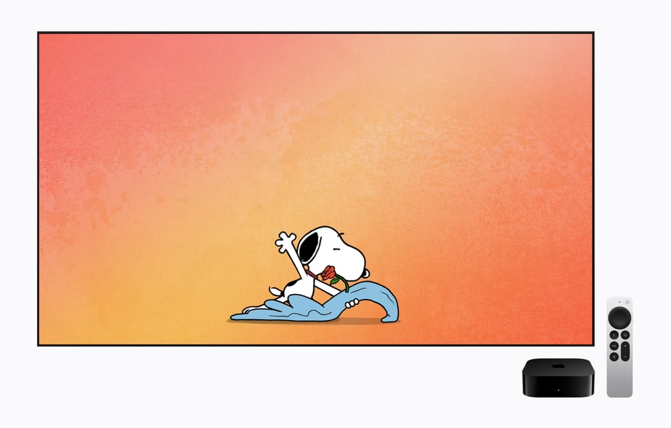 Un Apple TV 4K muestra un salvapantallas de Snoopy.