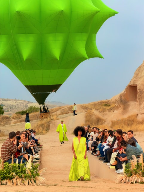 Modelele care poartă Les Benjamins defilează pe podium cu un balon aer cald verde pe fundal.
