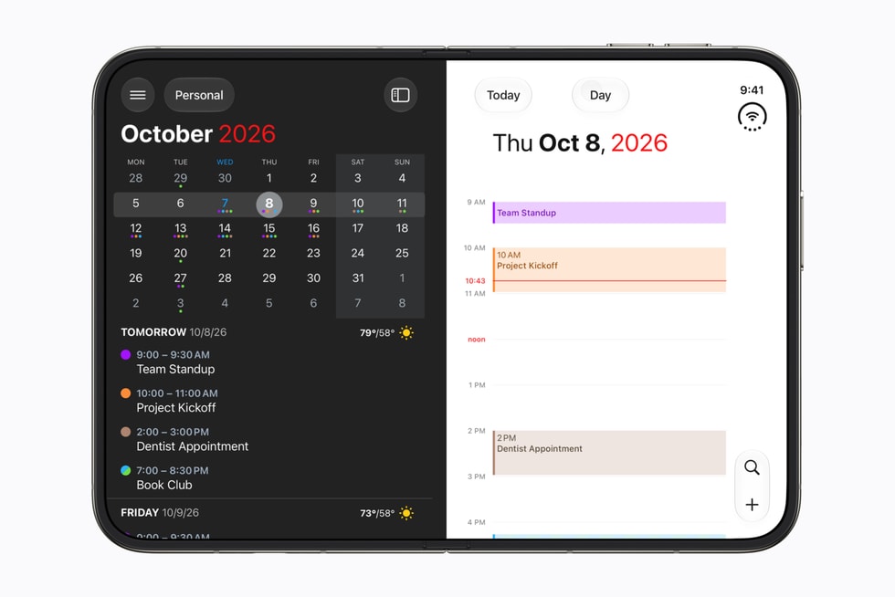 A fully flat open iPhone Duo shows the Fantastical app.
