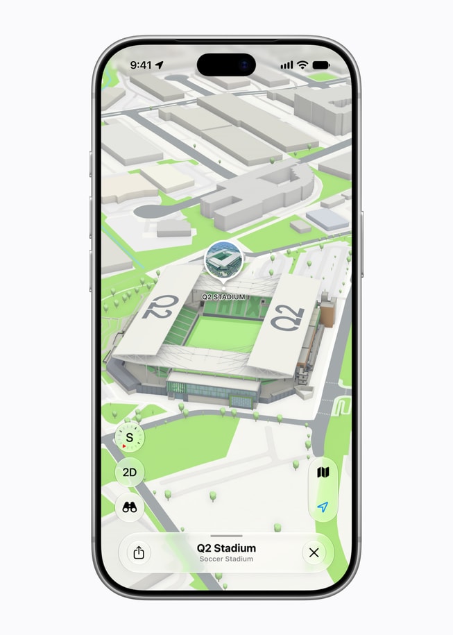 An iPhone screen shows an Apple Maps screen featuring an aerial view of Q2 Stadium.
