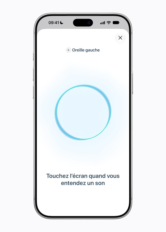 iPhone 18 Pro montrant la fonctionnalité d’audiométrie d’Apple avec des directives invitant à toucher l’écran quand on entend la tonalité.