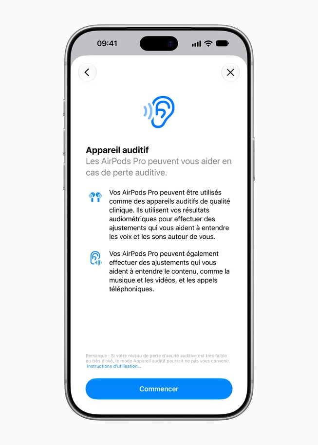 iPhone 18 Pro montrant la fonctionnalité Appareil auditif avec un message invitant à commencer.