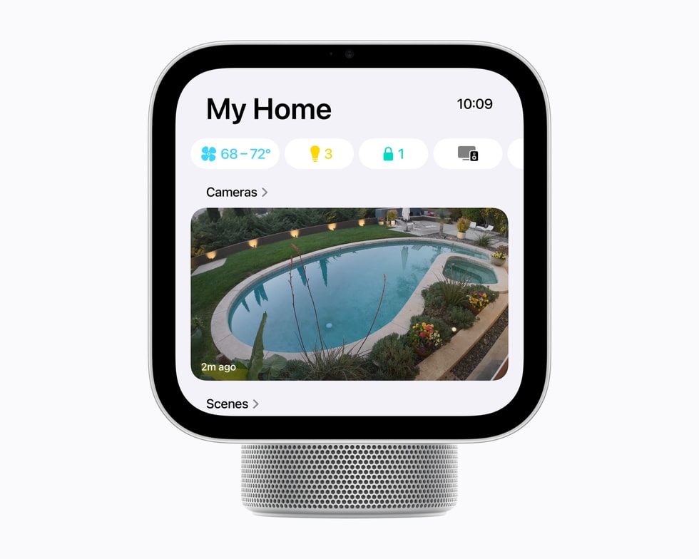 A HomeView screen shows footage from an outdoor camera monitoring a backyard pool, plus temperature, energy, and other data.