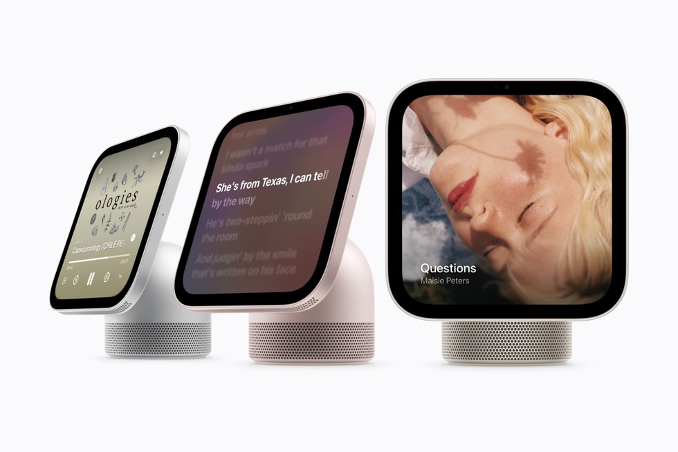 Three HomeView devices show the entertainment experience in Apple Podcasts and Apple Music.