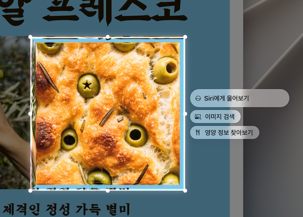 사용자가 화면의 이미지에서 일부를 선택하고 Siri AI에게 해당 부분에 관한 추가 정보를 요청하는 모습.
