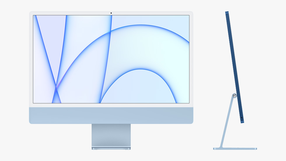 Vorder- und Seitenansicht des komplett neuen iMac in Blau.

