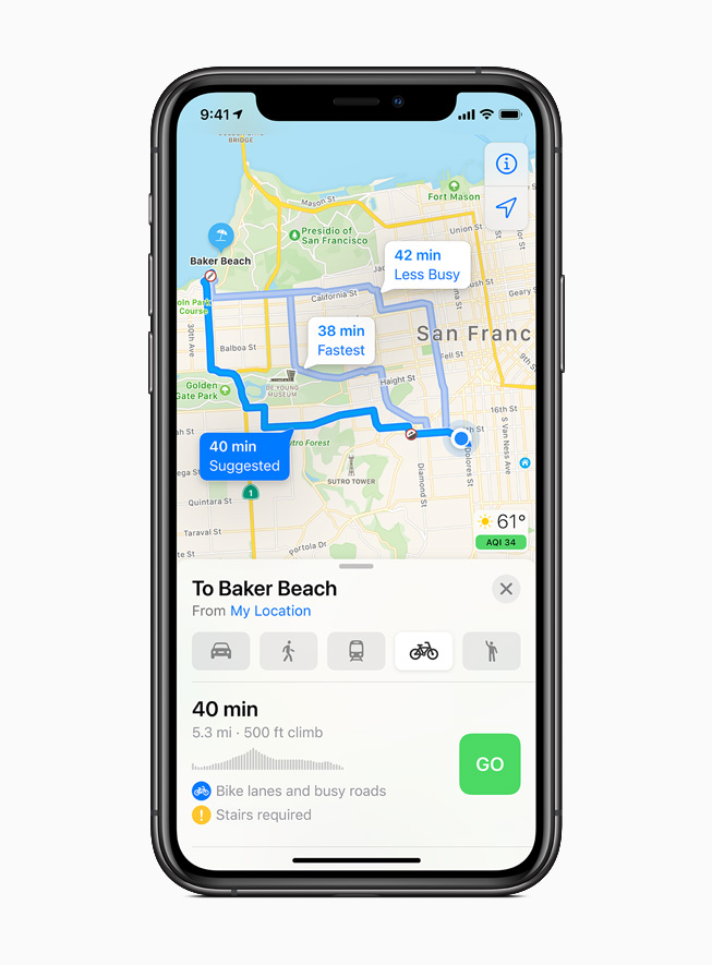 Cycling directions displayed on iPhone 11 Pro. 