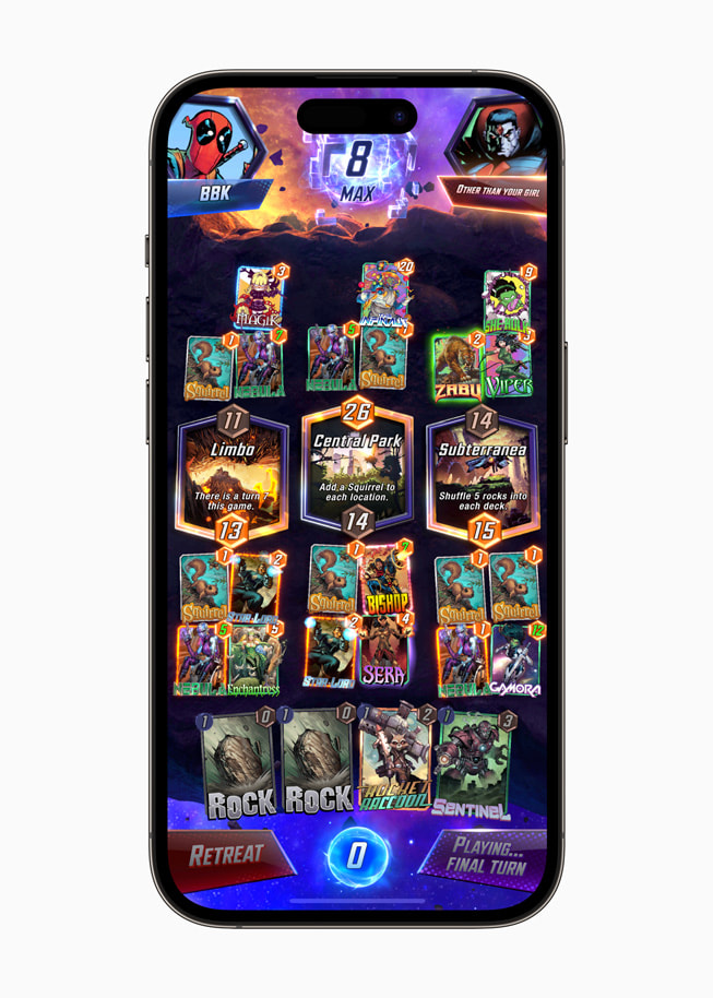 iPhone 14 Pro shows MARVEL SNAP.