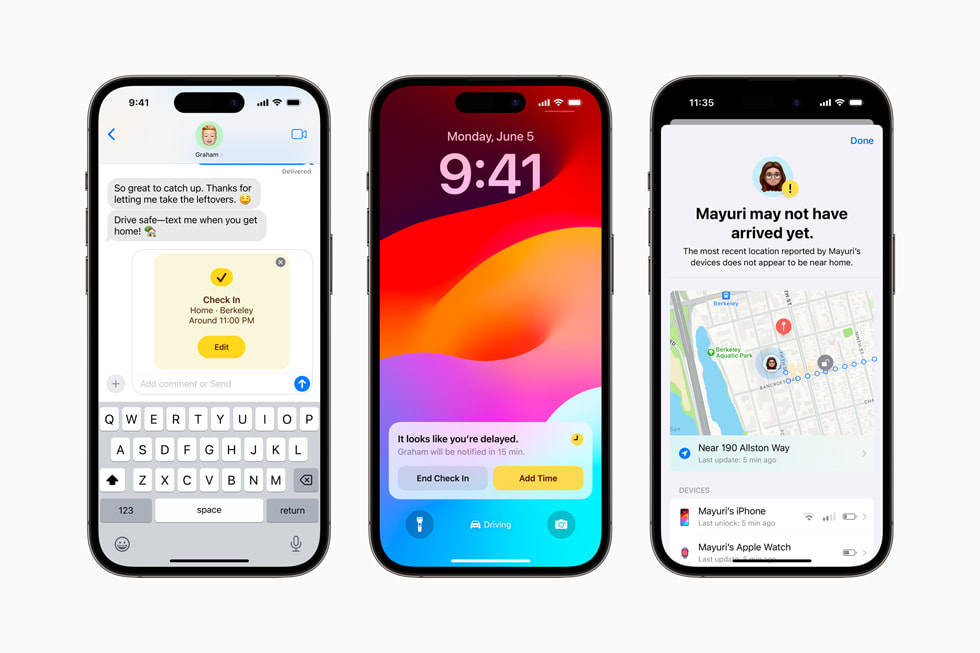 Tre iPhone 14 Pro-enheder viser den nye Check In-funktion i iOS 17.