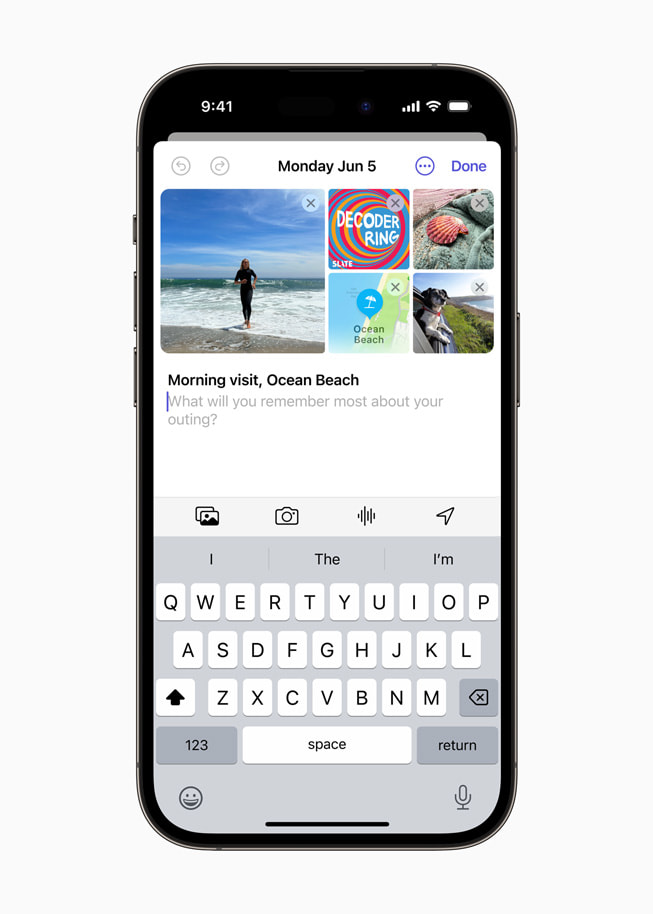En bruger skriver dagbog om morgenens besøg på Ocean Beach på iPhone 14 Pro.