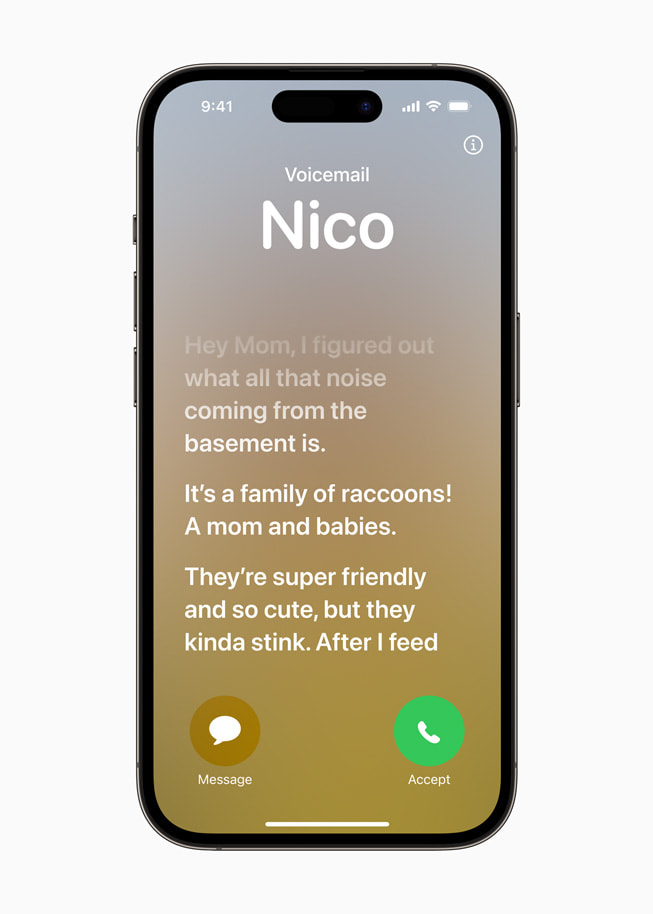 Transskriptionen af en Live Voicemail fra Nico vises på iPhone 14 Pro.