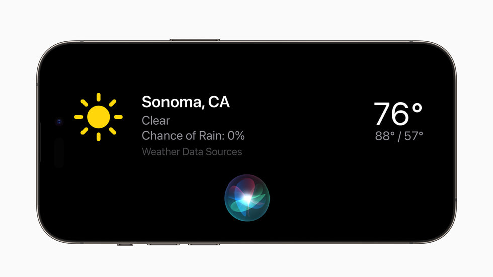 I iOS 17 på iPhone 14 Pro viser StandBy-funktionen vejret i Sonoma i Californien.