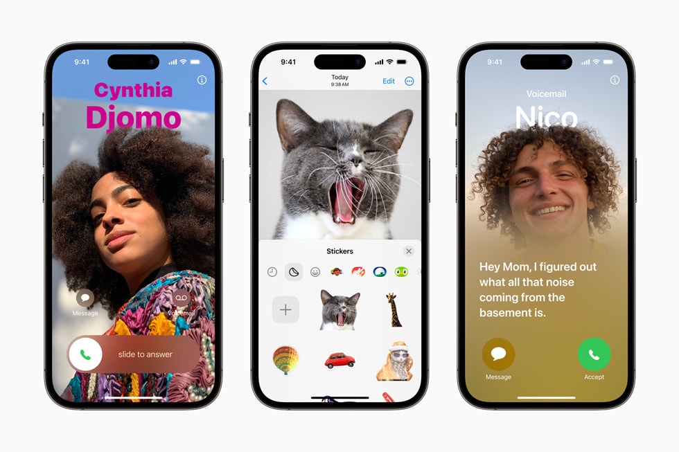 Tre iPhone 14 Pro-enheder viser de opdaterede oplevelser med Telefon, FaceTime og Beskeder i iOS 17.
