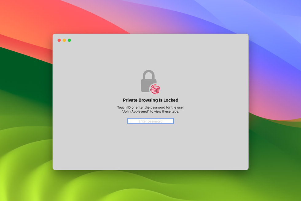 A screen shows a locked browsing window in Safari and requests Touch ID or a password to view the tabs.